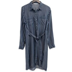 Given Kale Shirt Dress Womens Large Blue Pinstripe Tencel Belted Roll Tab Sleeve